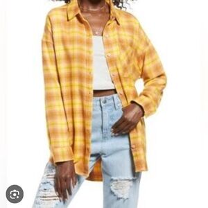 BP Women's Long Sleeve Yellow/Brown Plaid Oversized Flannel Shirt Size Med NWT